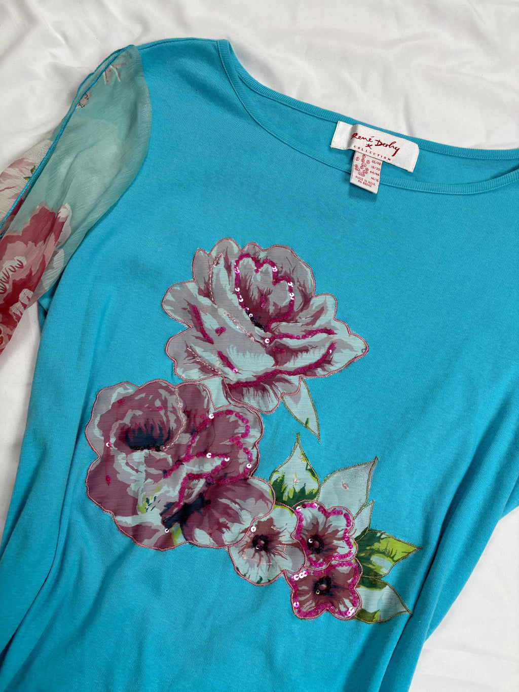 Blue floral Derhy detailed mesh flare/ long sleeve top with sequins