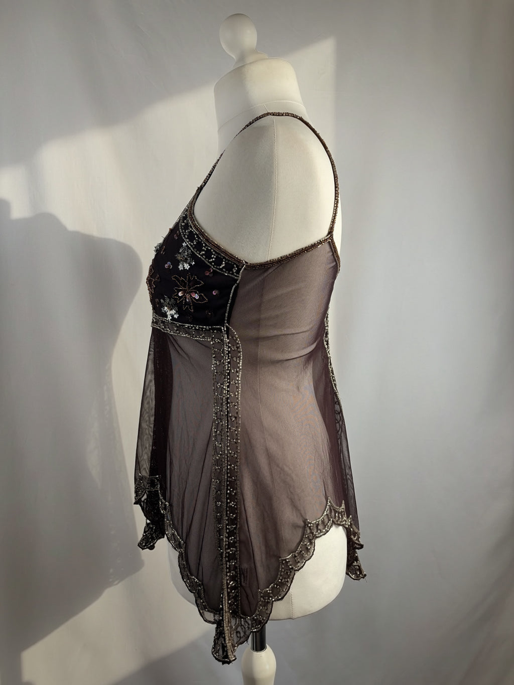 Chocolate brown sheer beaded asymmetric fairy cami