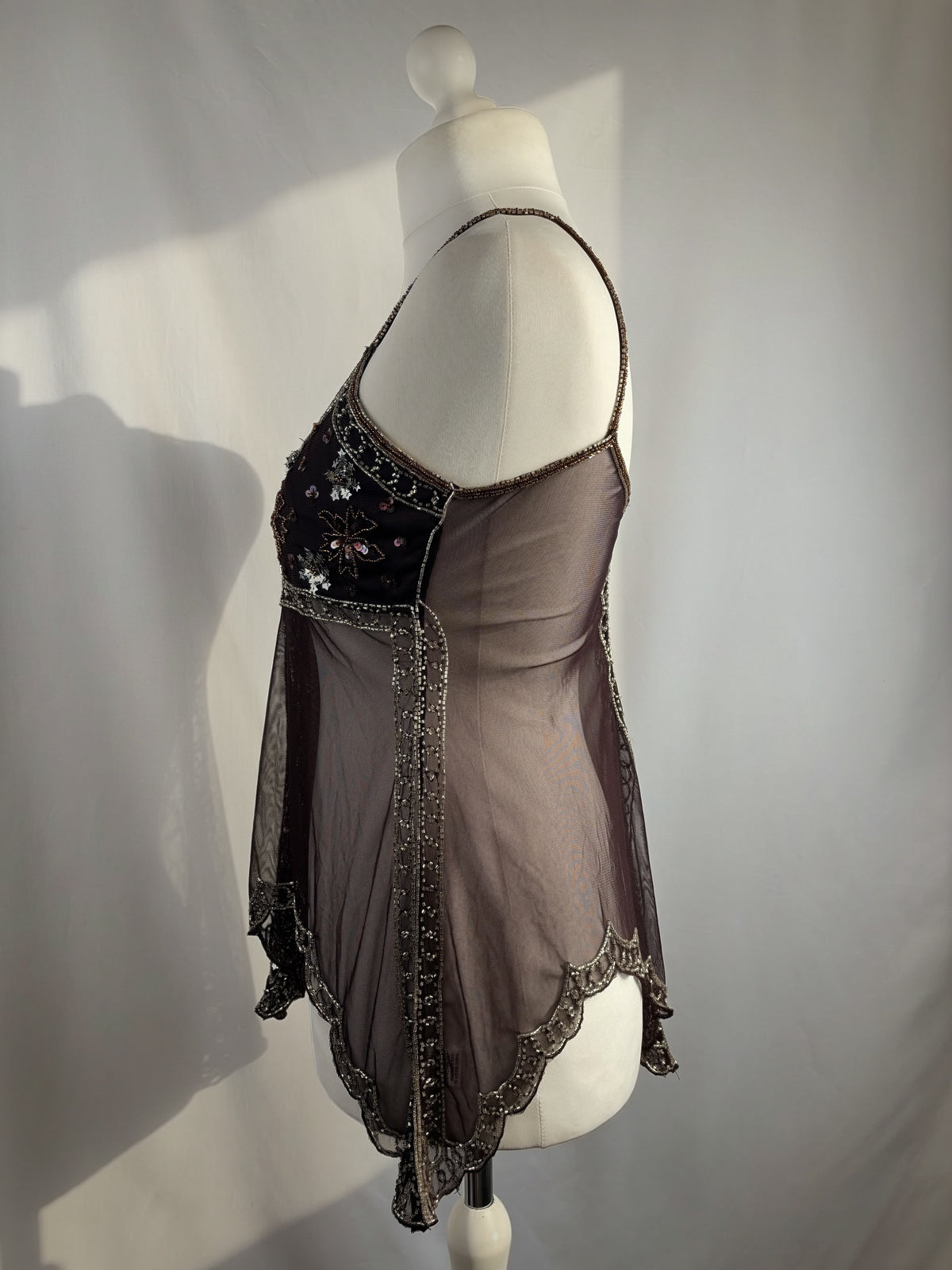 Chocolate brown sheer beaded asymmetric fairy cami