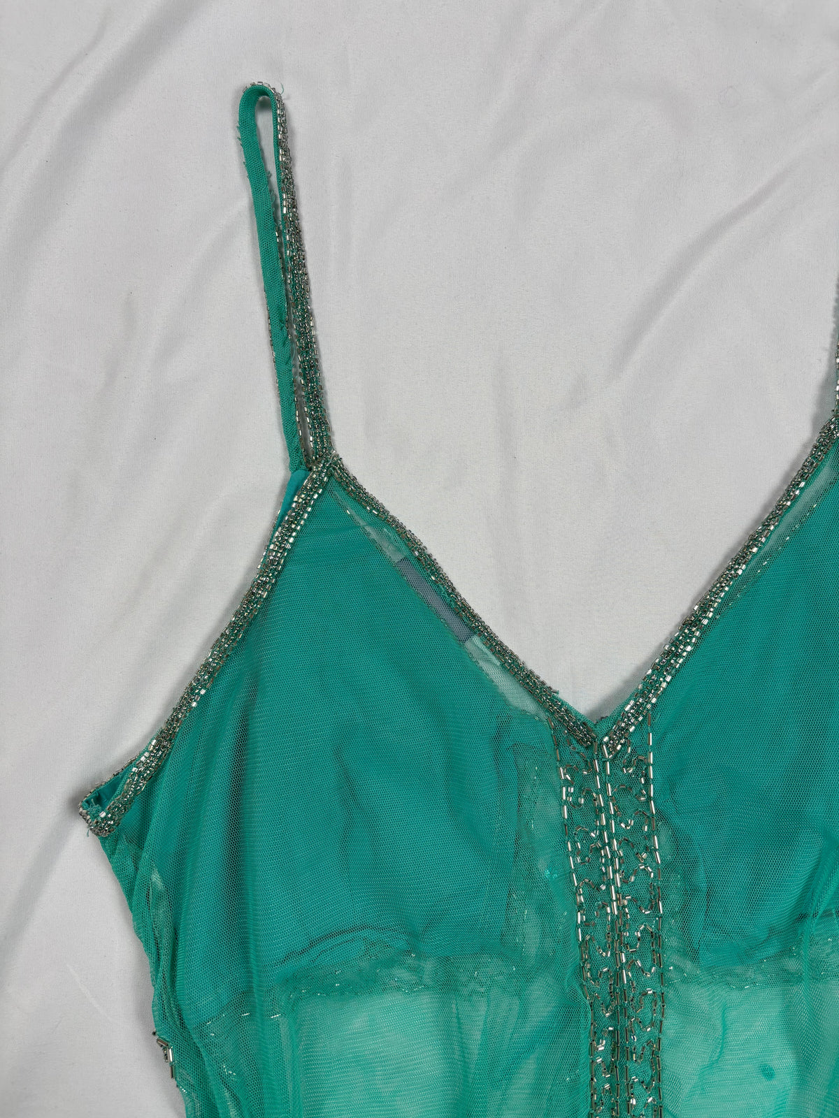 Bright blue sheer beaded peacock detailed fairy cami