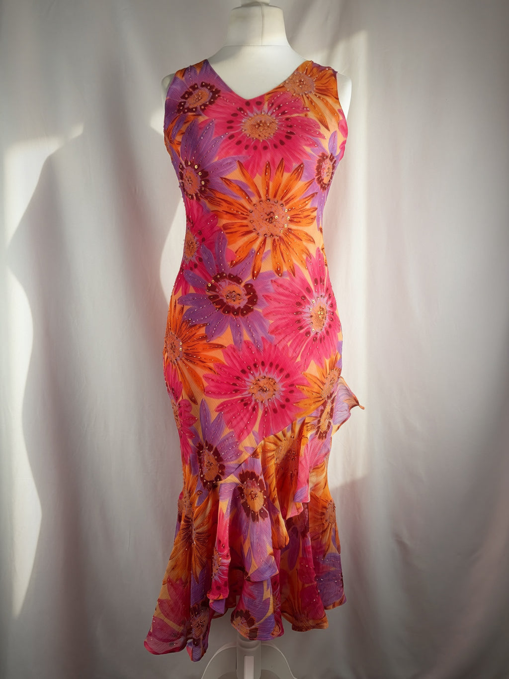 Sunflower ruffle maxi dress embellished throughout with sequins