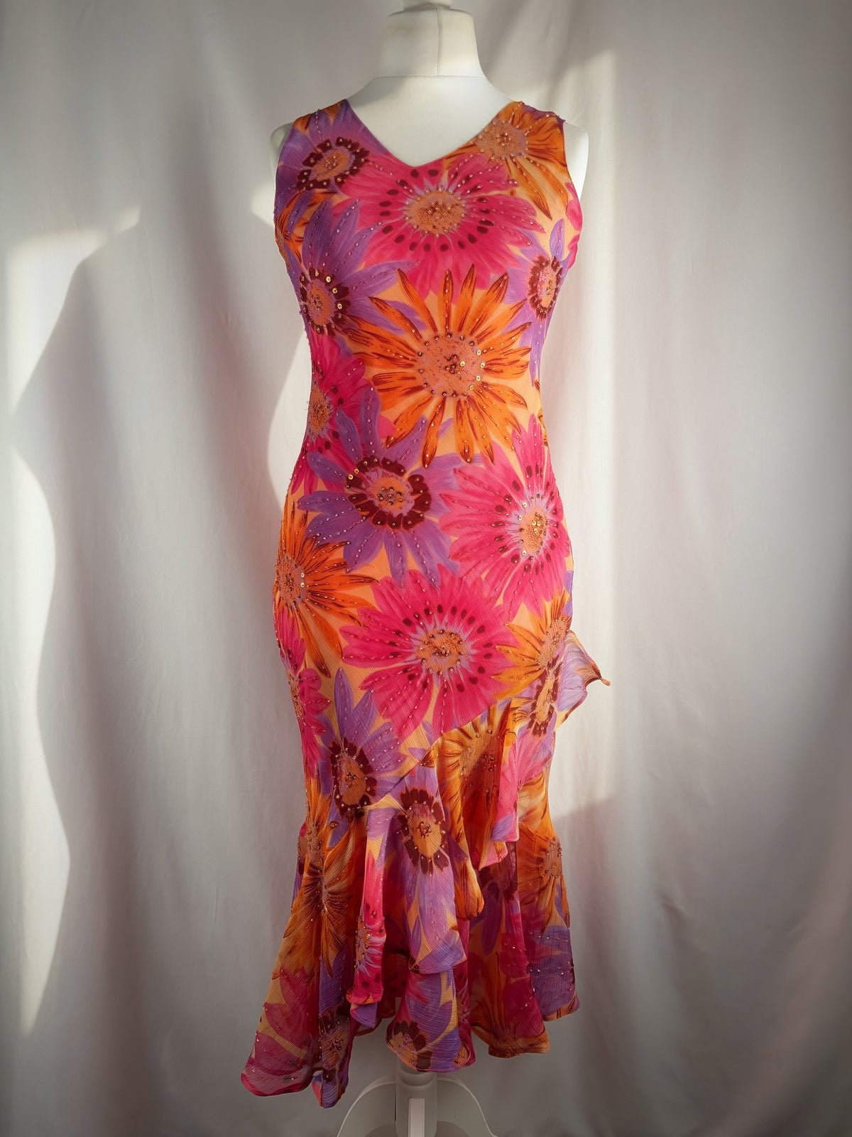 Sunflower ruffle maxi dress embellished throughout with sequins