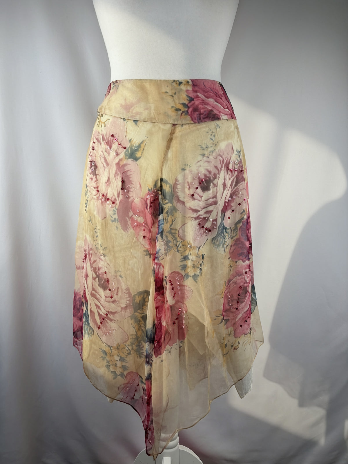Sheer cream floral midi skirt embellished with sequins