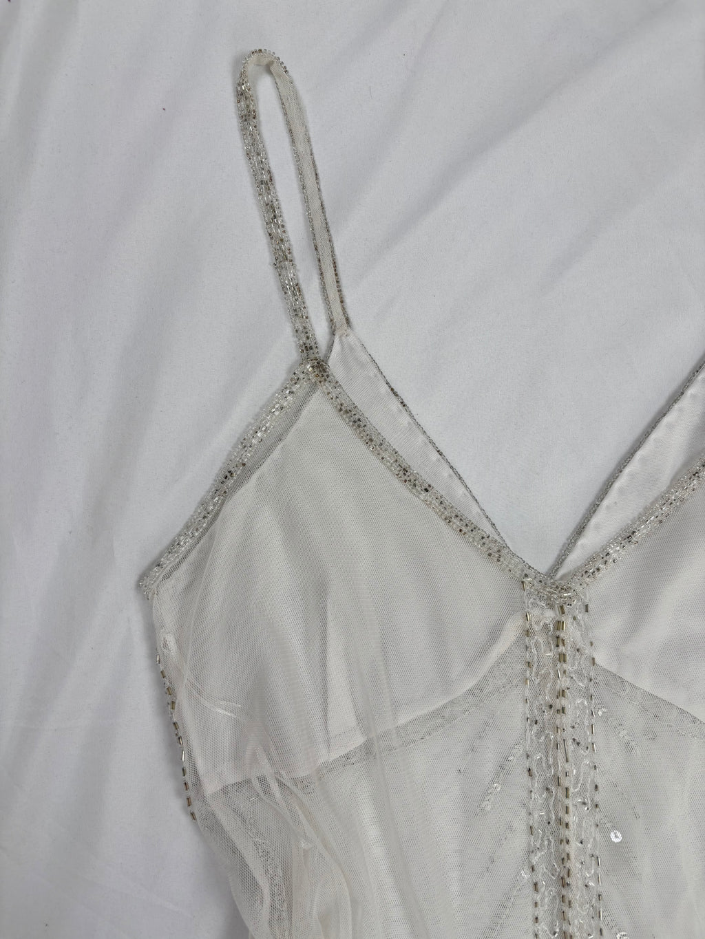 White beaded sheer asymmetrical fairy cami