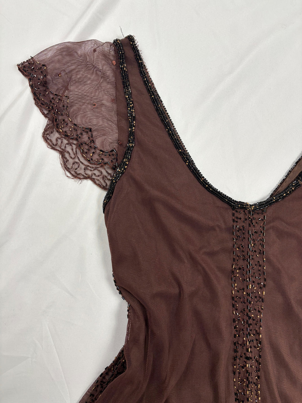 Chocolate brown asymmetrical mesh fairy top with v-neckline