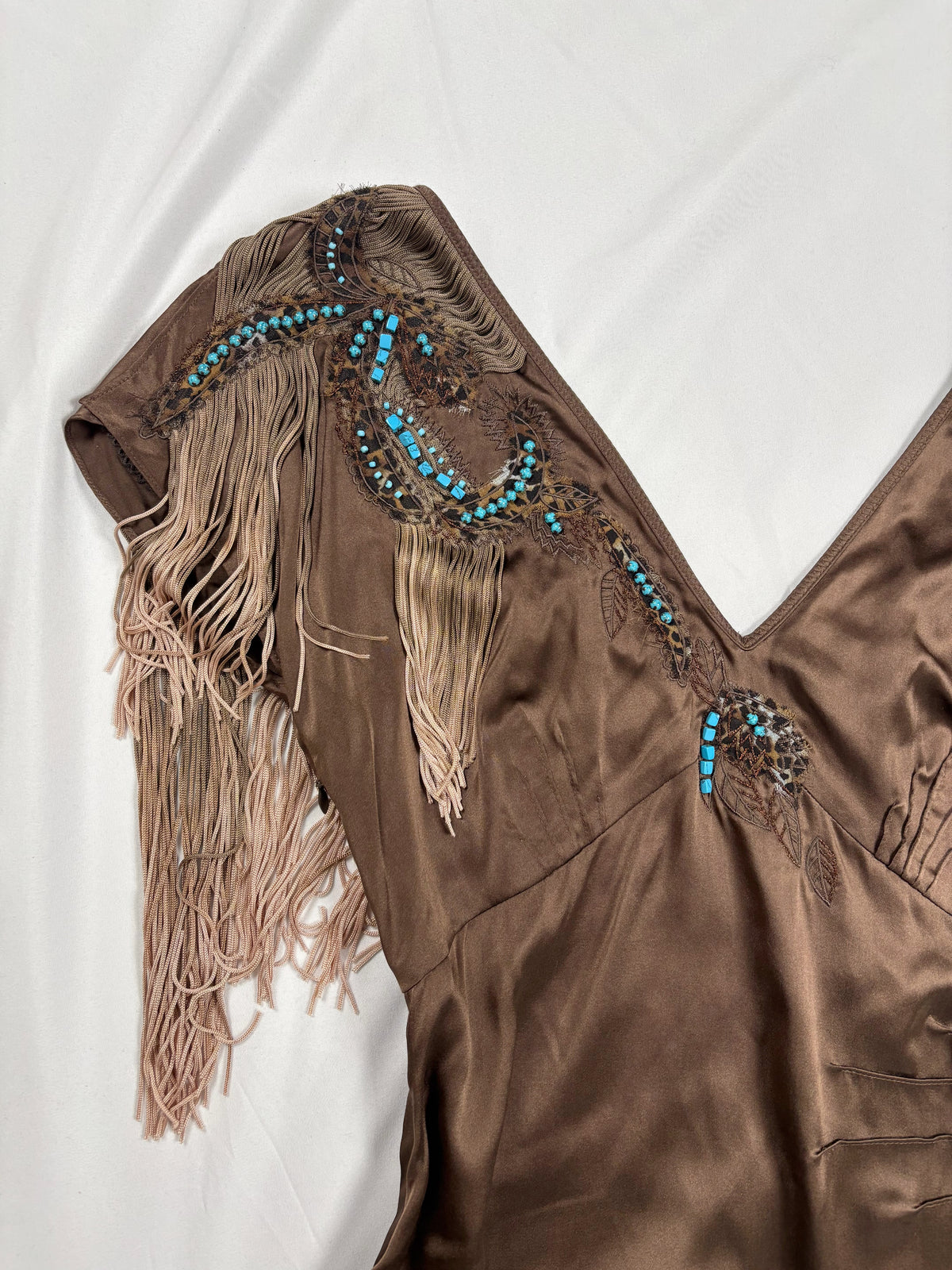 Brown silk western style asymmetric top with tassel details