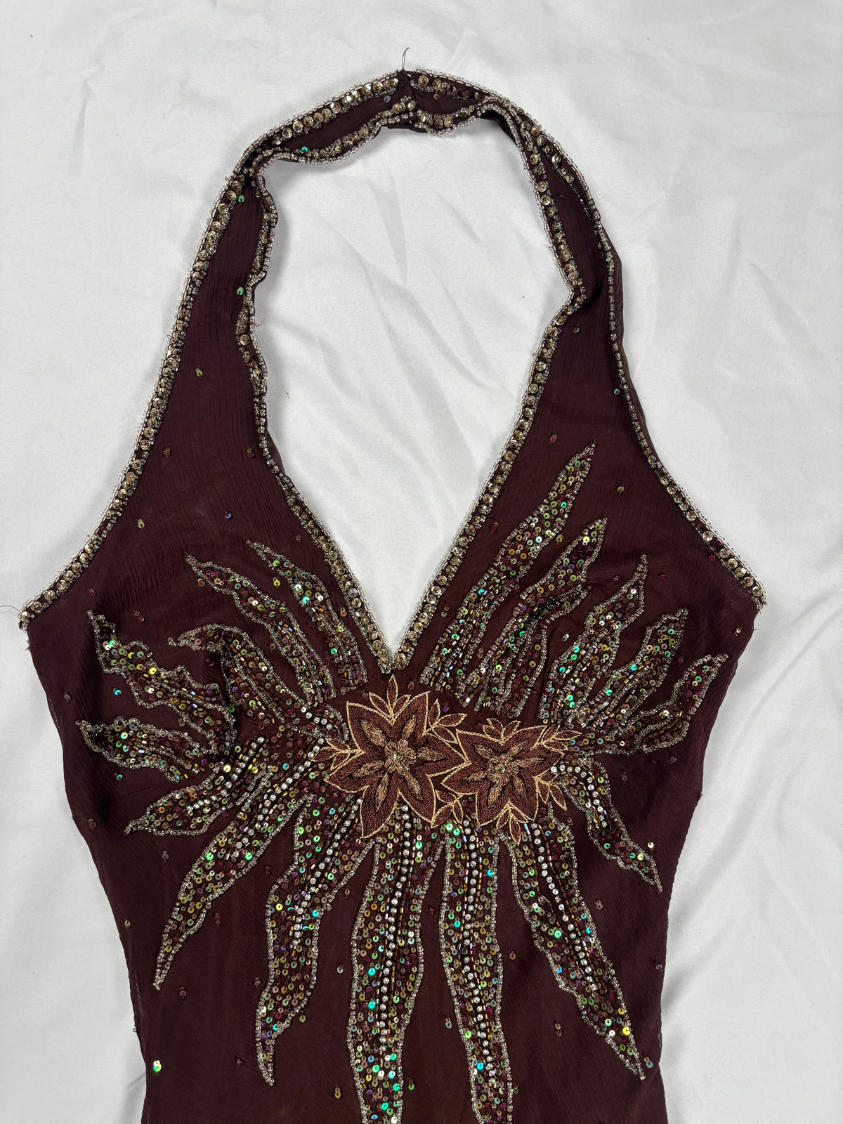 Brown aftershock silk midi dress embellished with sequins