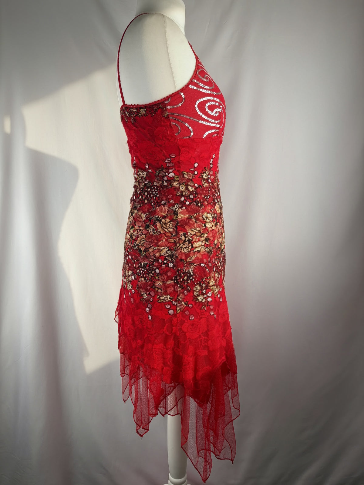 Red lace asymmetric fairy mini dress with sequin details