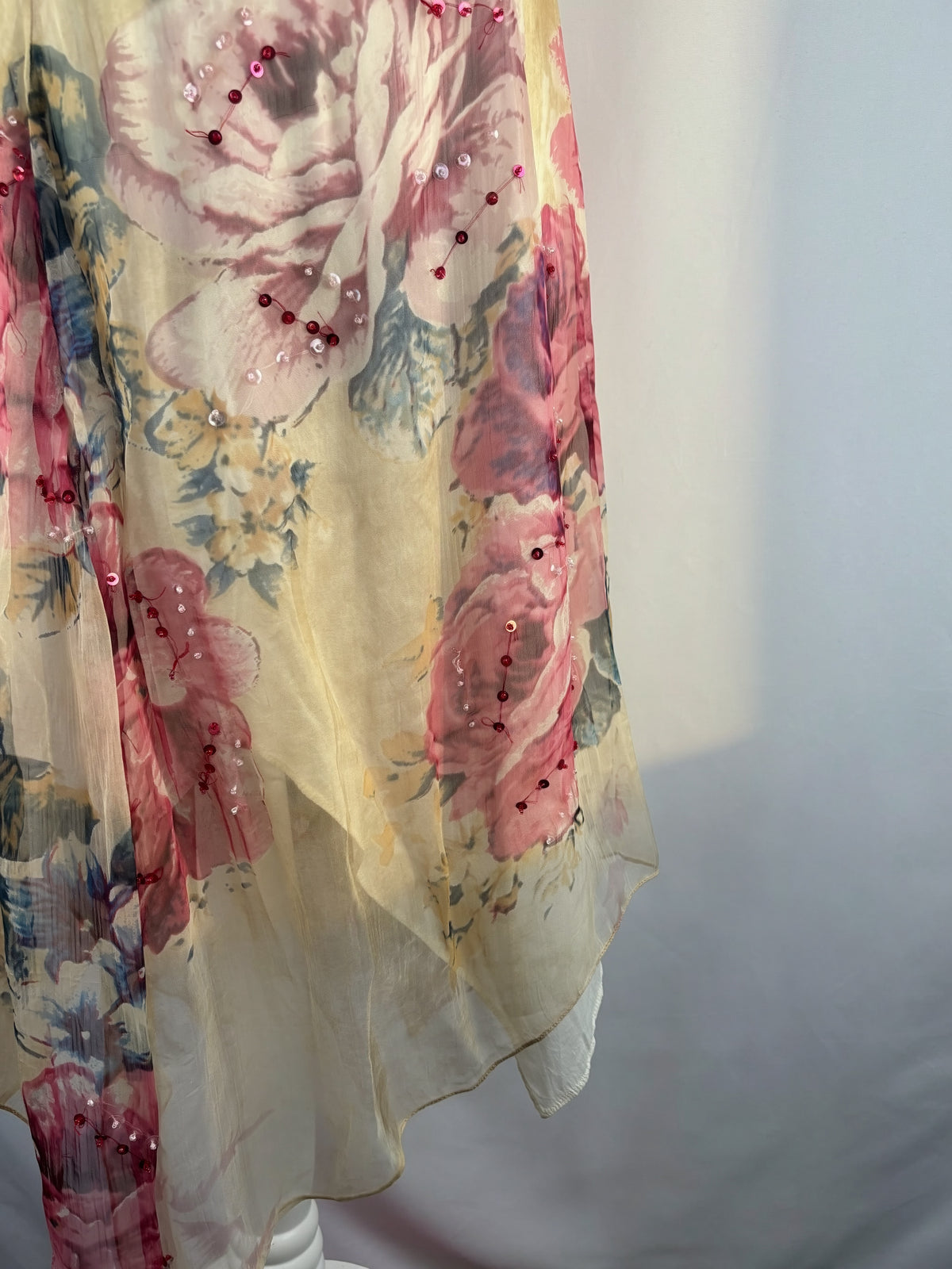Sheer cream floral midi skirt embellished with sequins