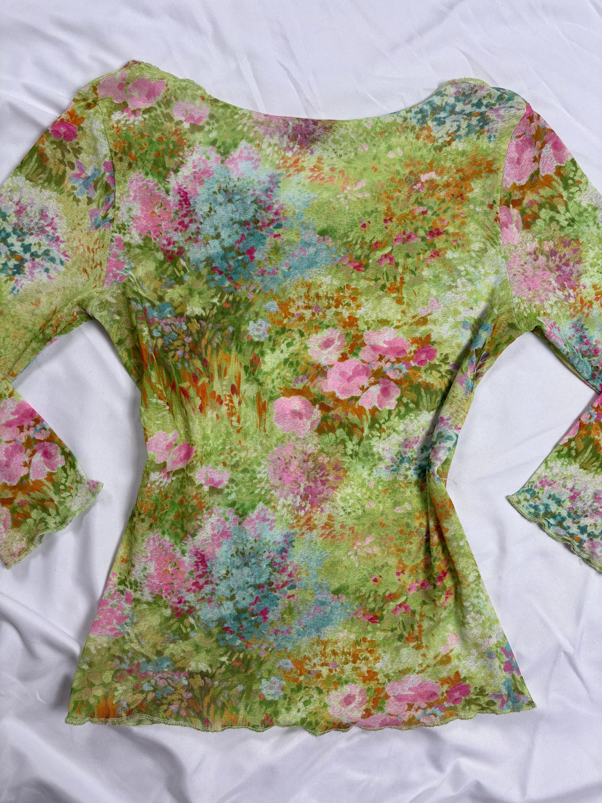 Green watercolour affect mesh 3/4 sleeve top