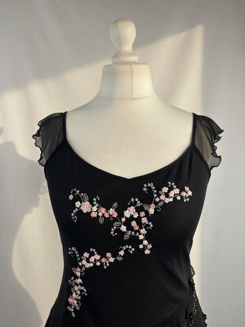 Black milkmaid neckline top with embellished cherry blossom details