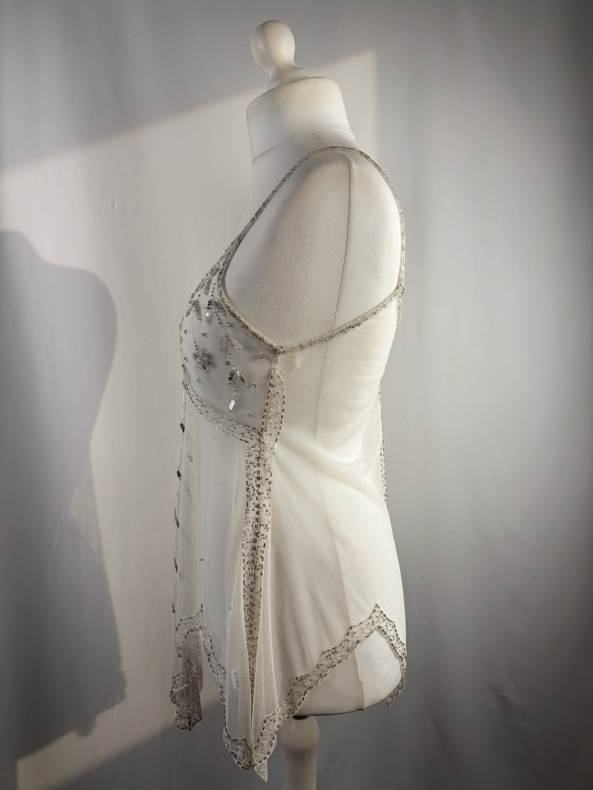 White beaded sheer asymmetrical fairy cami