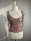 Muted purple ruffle sleeve top with embroidered sequin details