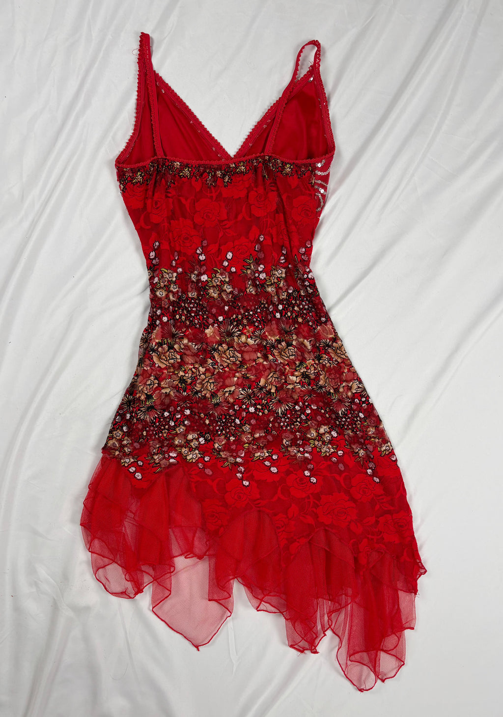 Red lace asymmetric fairy mini dress with sequin details