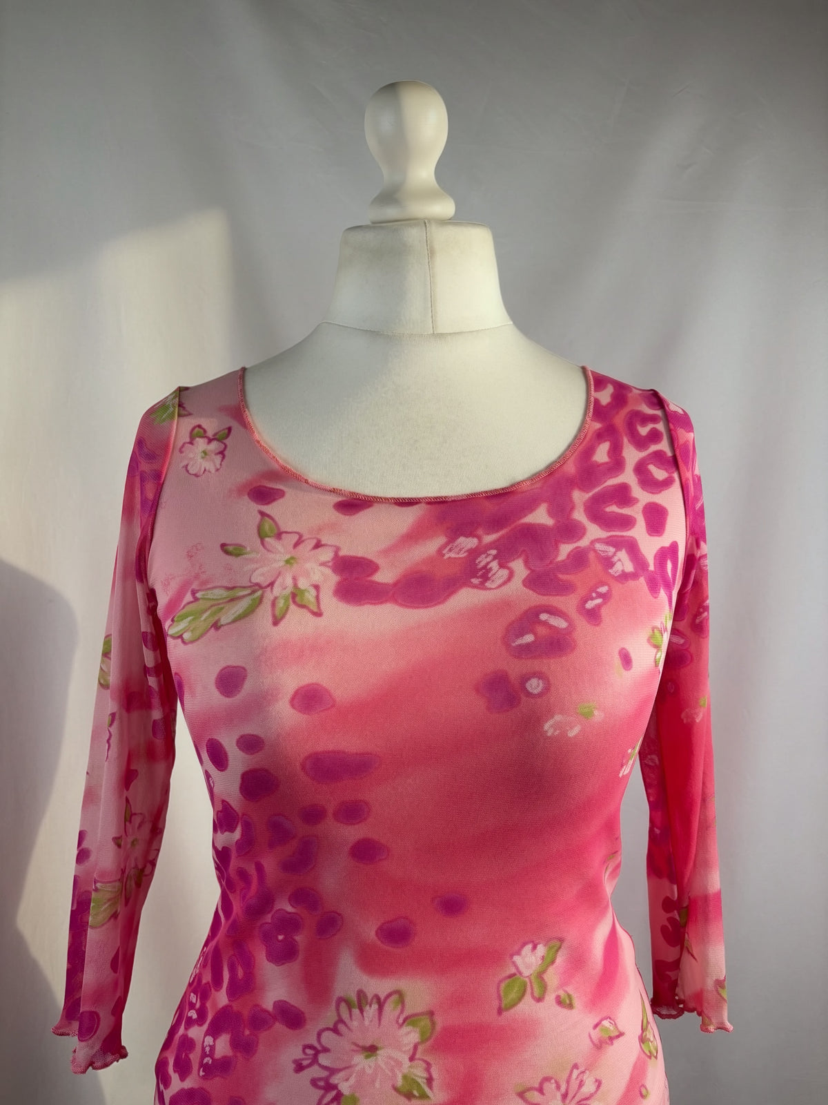 Hot pink animal print mesh 3/4 sleeve top