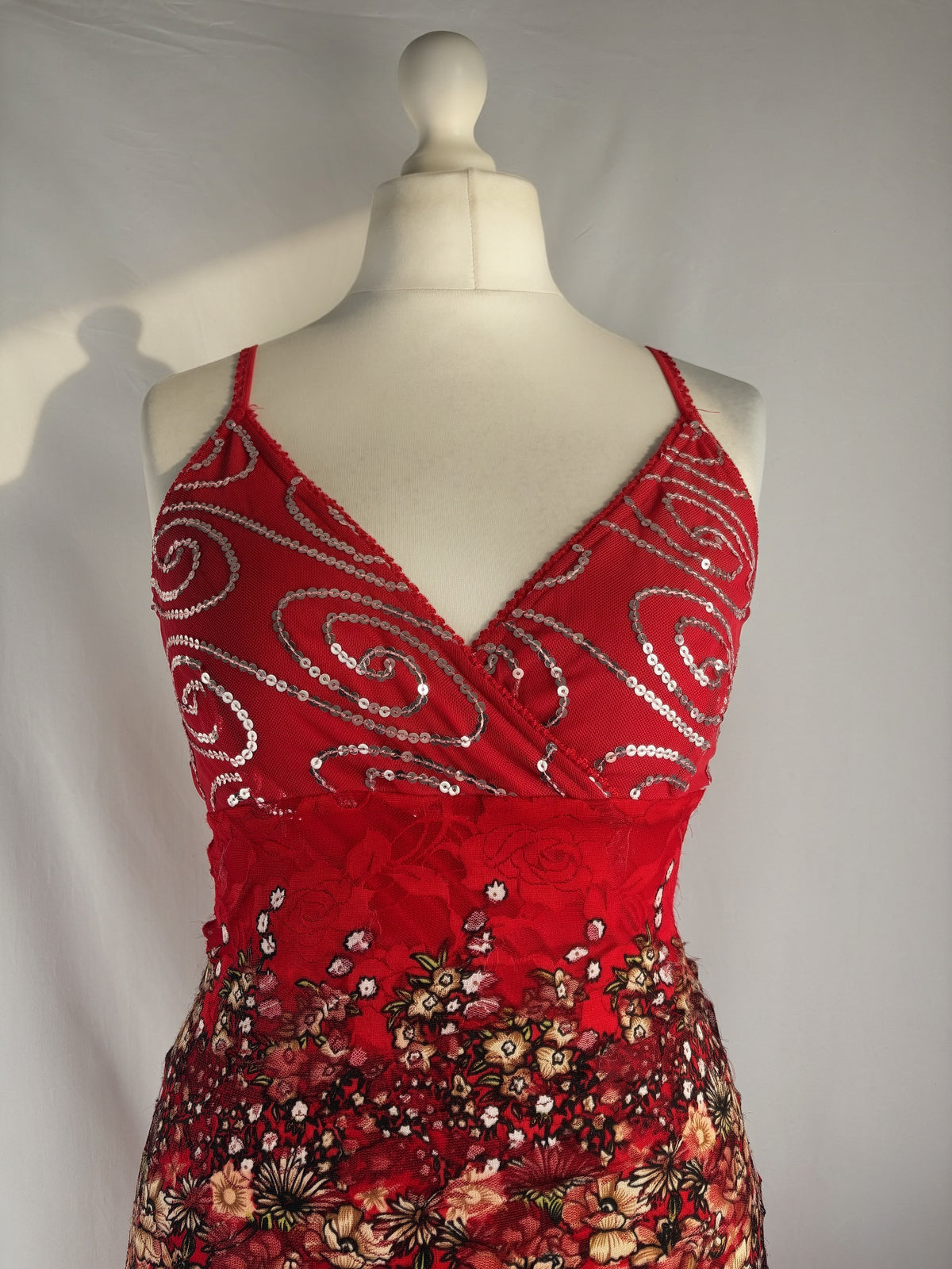 Red lace asymmetric fairy mini dress with sequin details