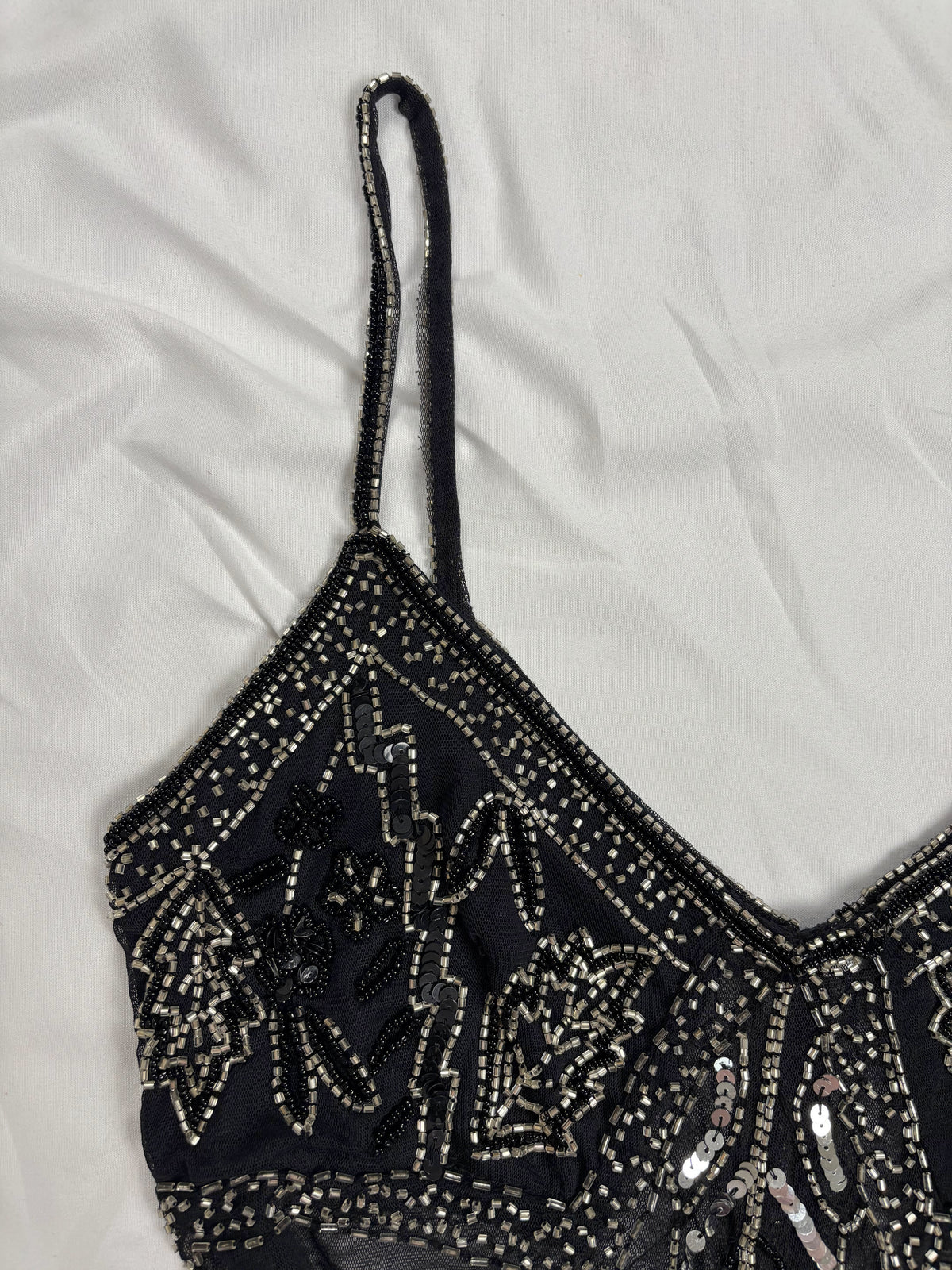 Sheer black beaded asymmetrical fairy cami