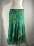 Green and blue tropical ruffle detailed midi skirt