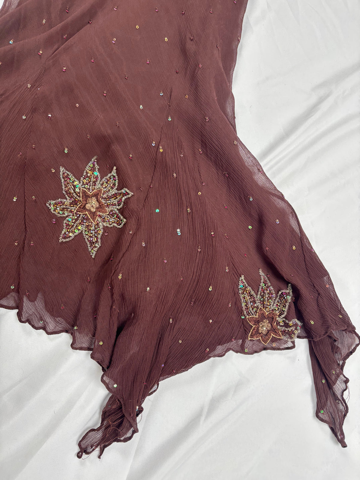 Brown aftershock silk midi dress embellished with sequins
