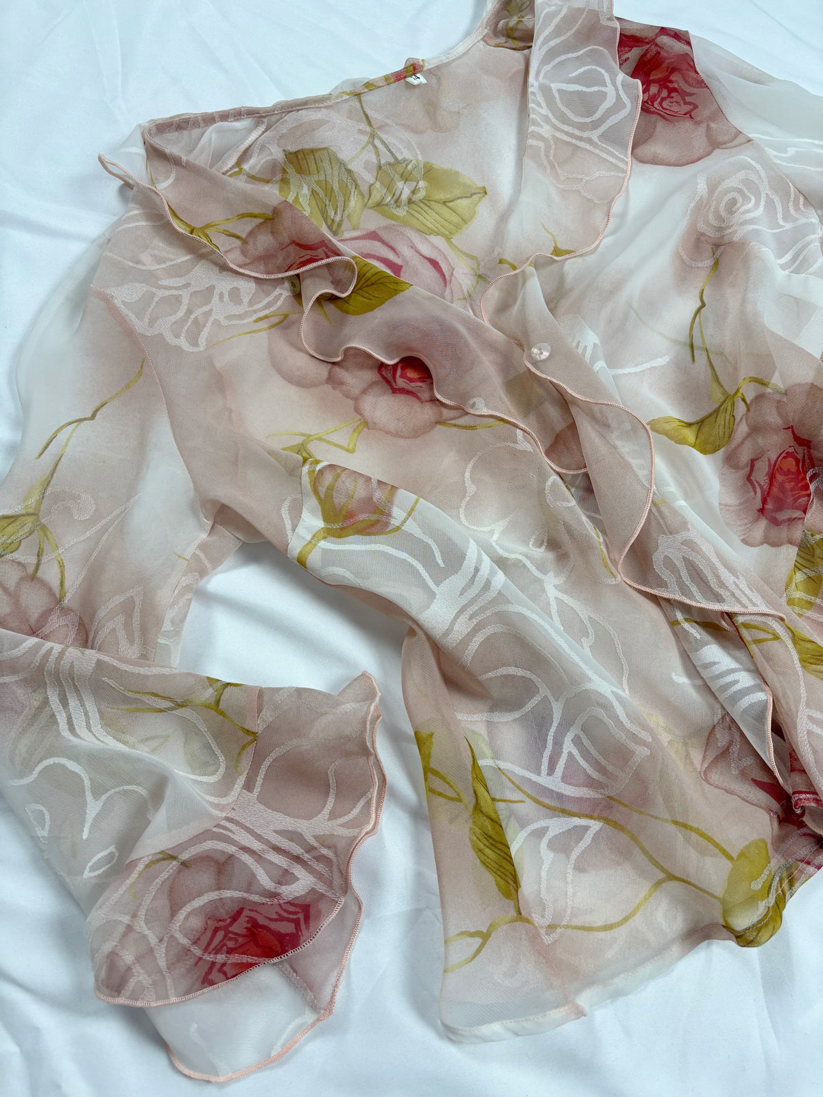 Sheer blush ombré floral button up ruffle cardigan
