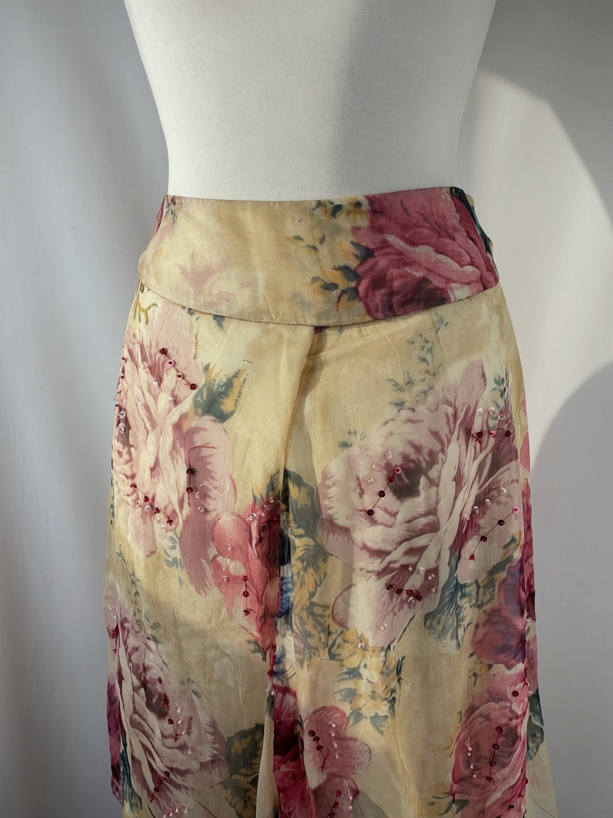 Sheer cream floral midi skirt embellished with sequins