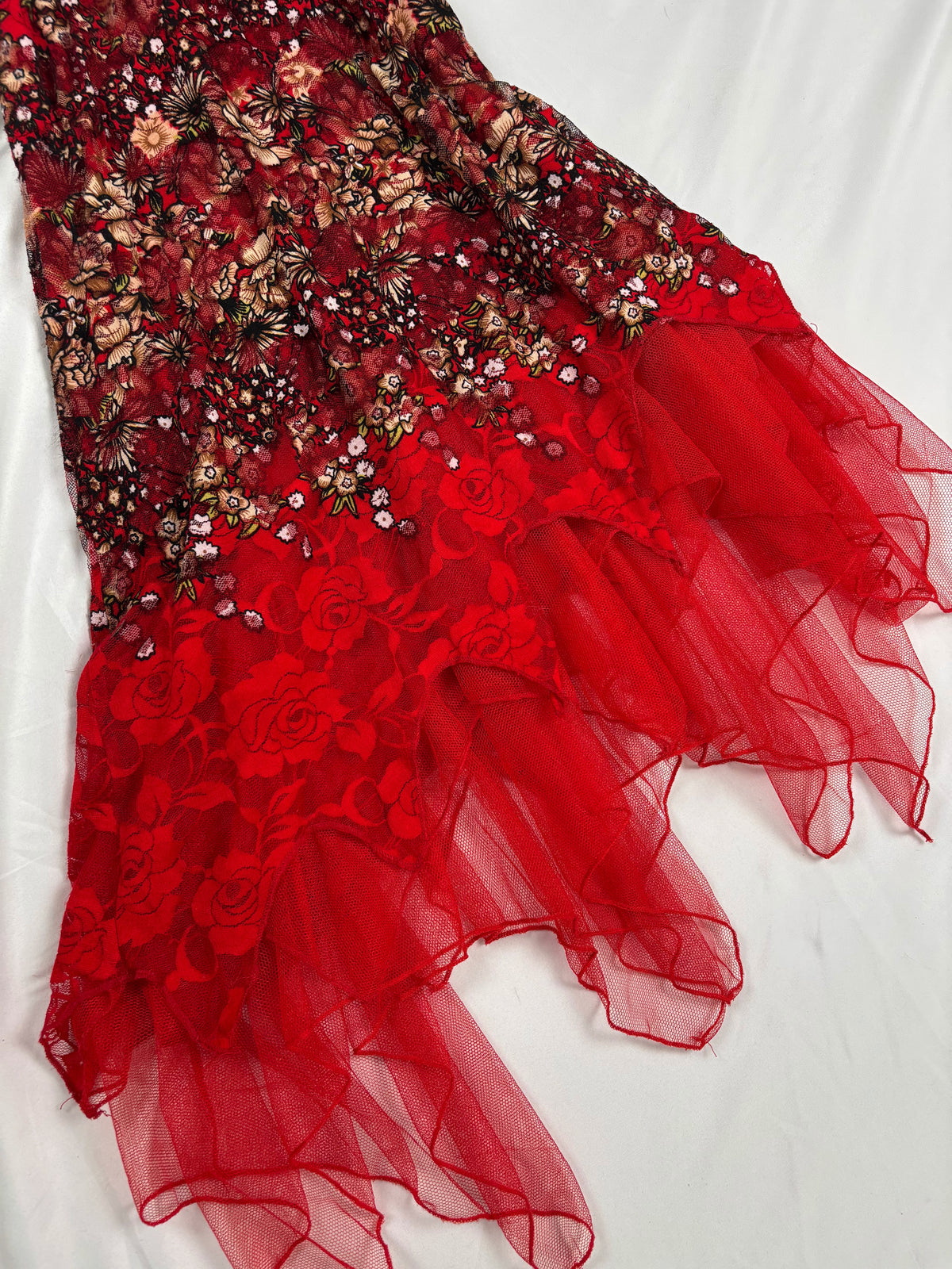 Red lace asymmetric fairy mini dress with sequin details