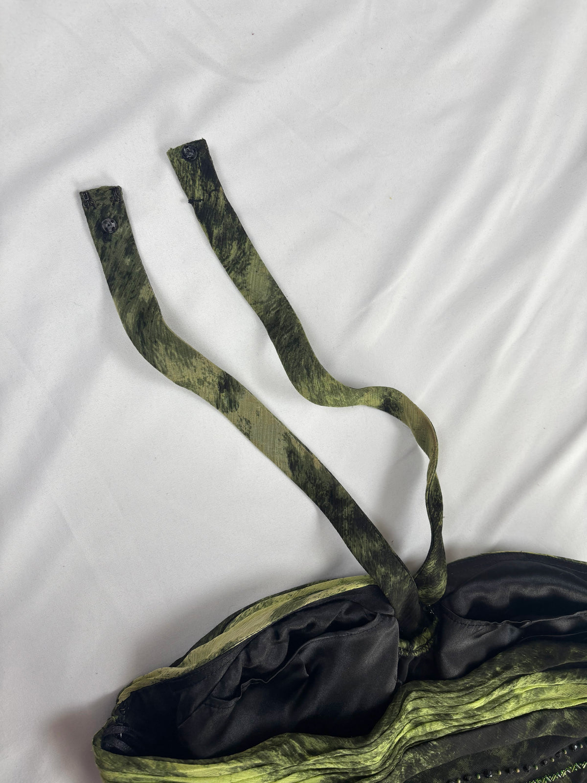 Black and green silk asymmetric beaded halterneck dress with shawl
