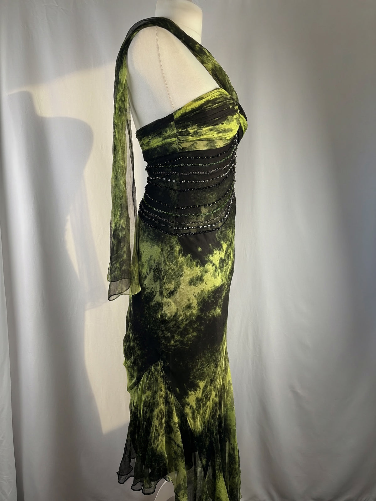 Black and green silk asymmetric beaded halterneck dress with shawl