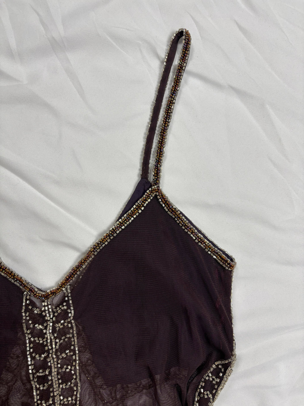 Chocolate brown sheer beaded asymmetric fairy cami
