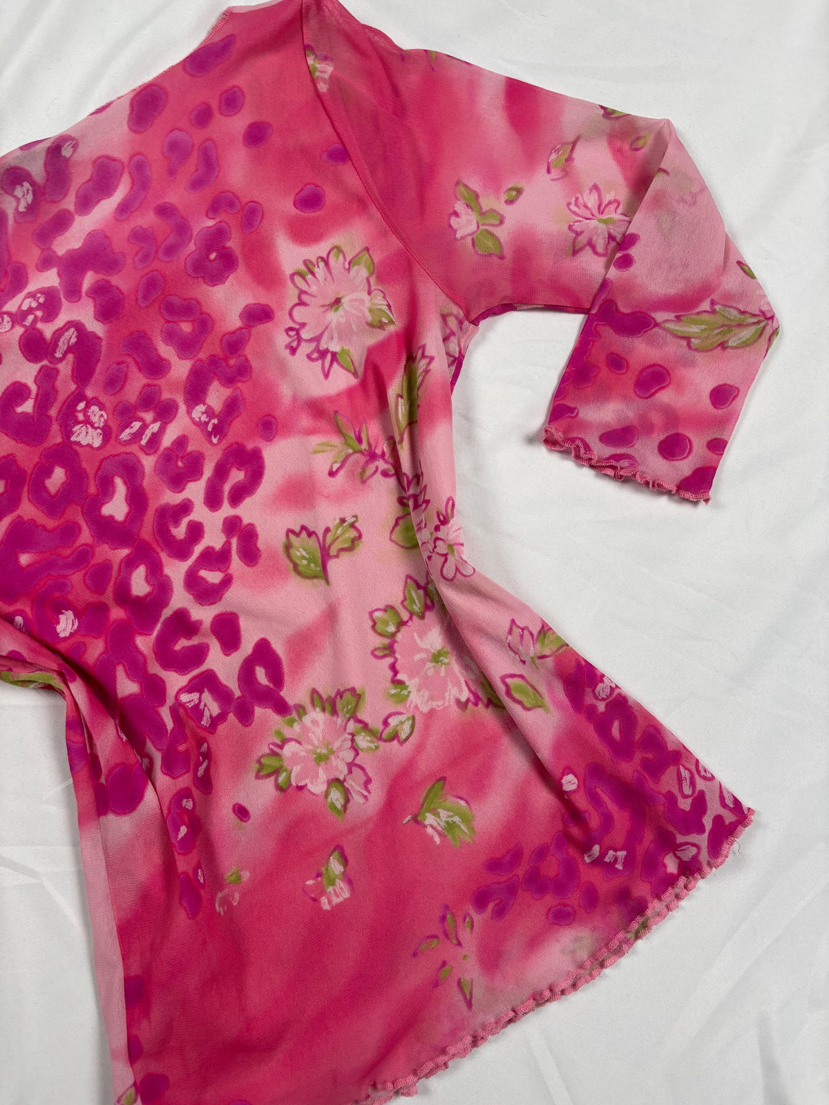 Hot pink animal print mesh 3/4 sleeve top