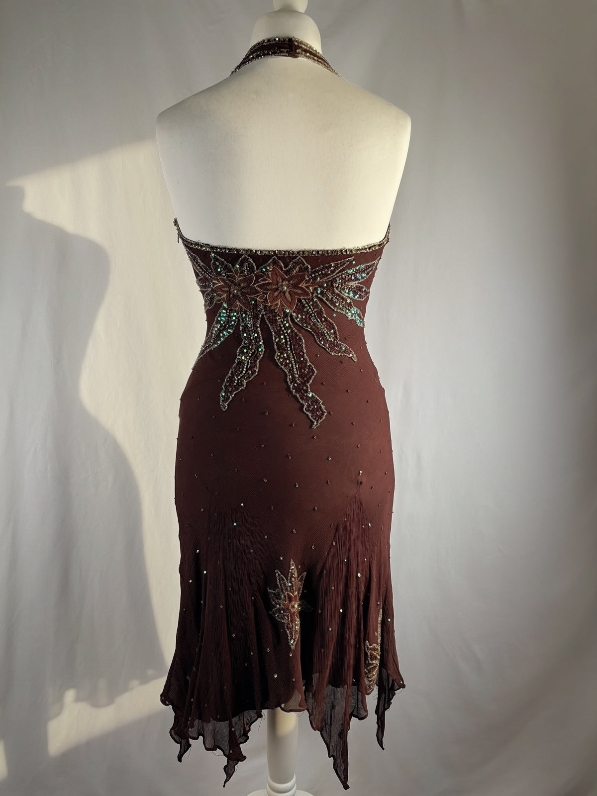 Brown aftershock silk midi dress embellished with sequins