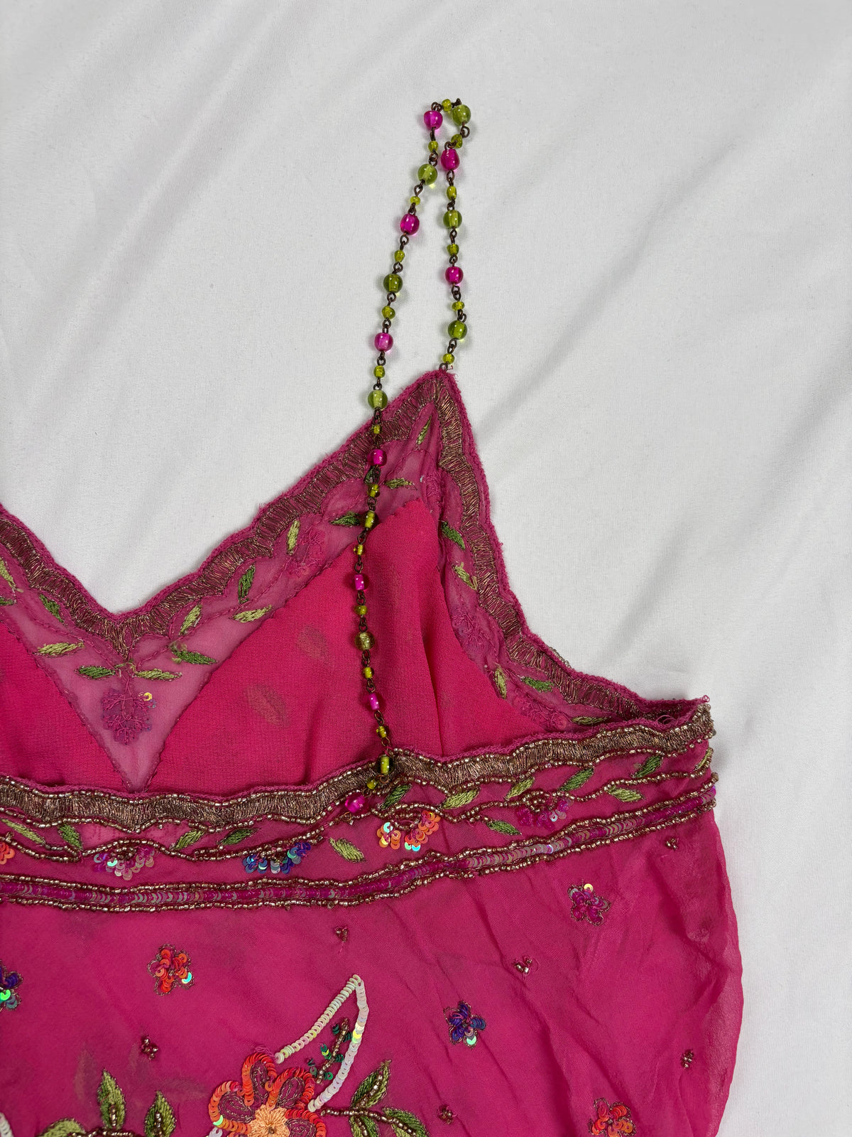 Hot pink sheer embellished aftershock silk cami with beaded straps