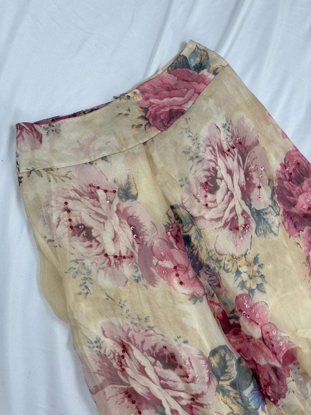 Sheer cream floral midi skirt embellished with sequins