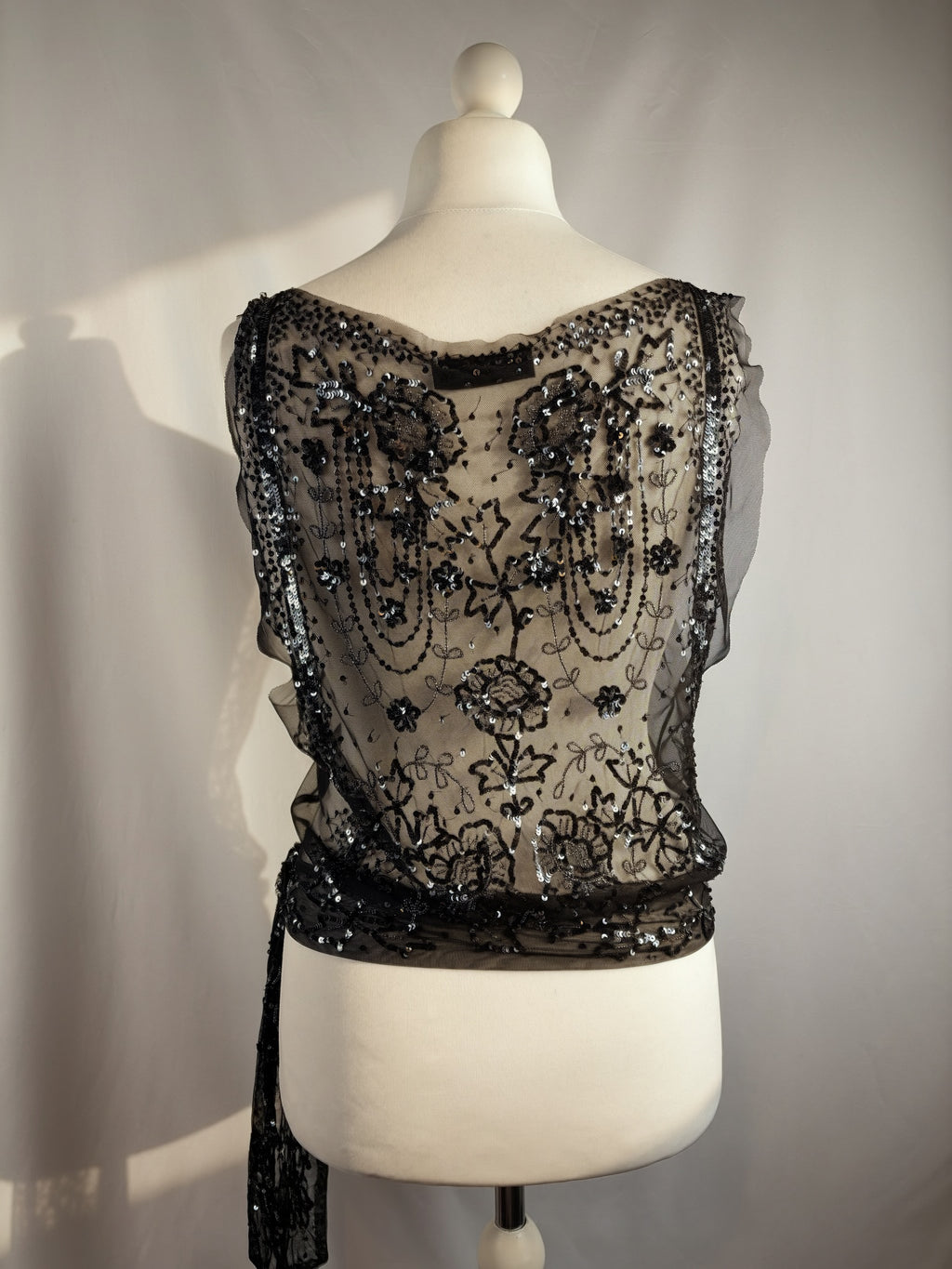 Black sheer silk side tie top embellished with sequins