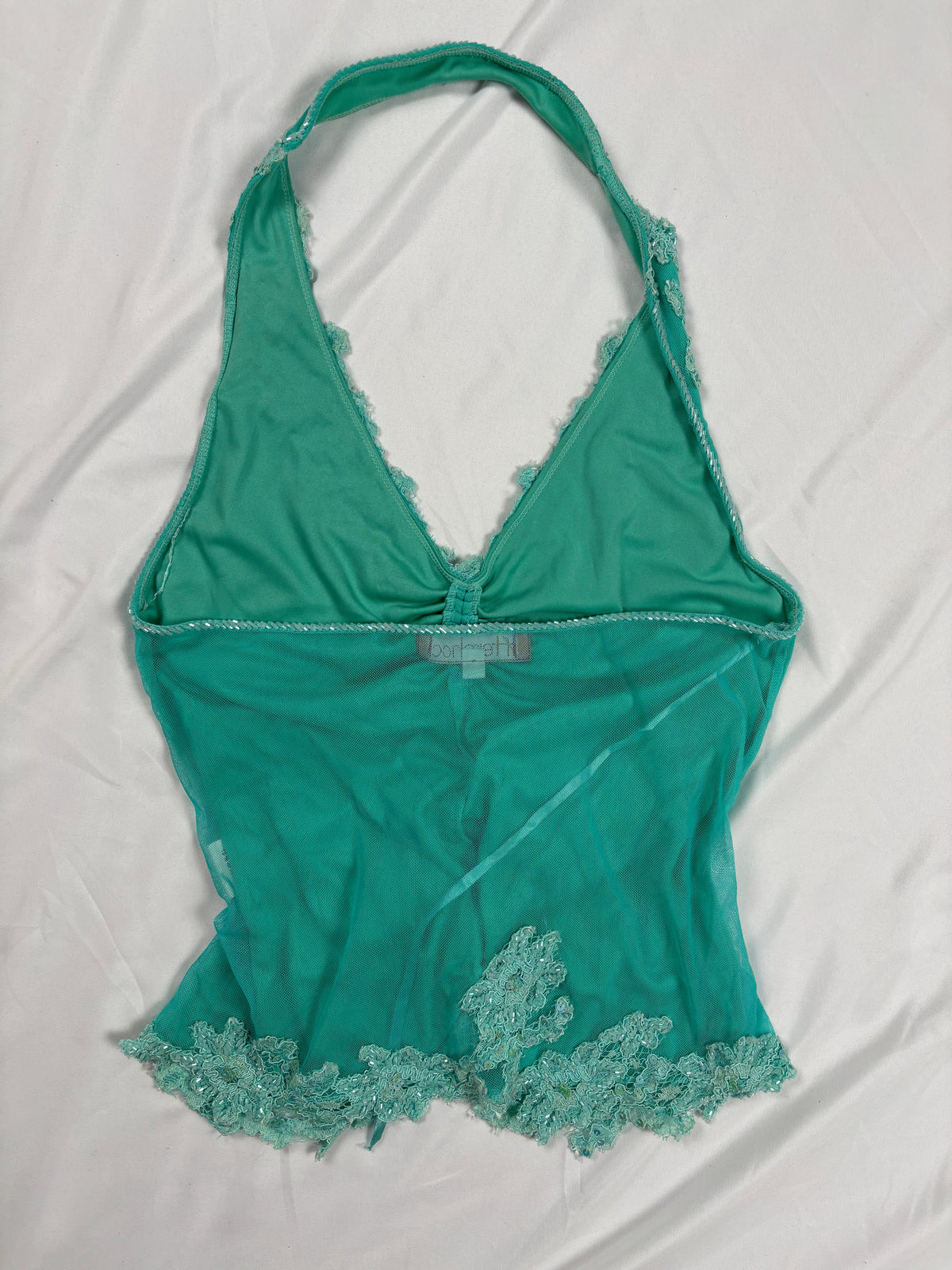 Bright blue ruched aftershock halter neck with beaded lace details