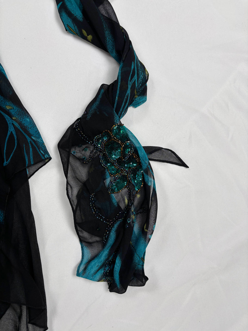 Black and blue floral asymmetric beaded dress with shawl