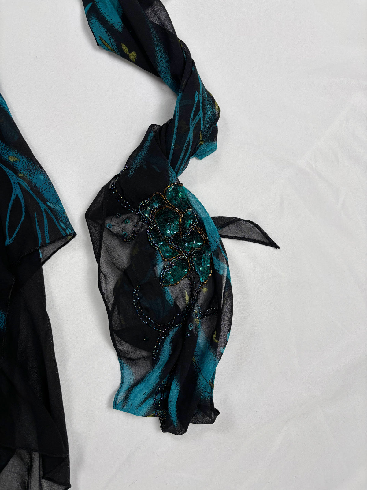 Black and blue floral asymmetric beaded dress with shawl