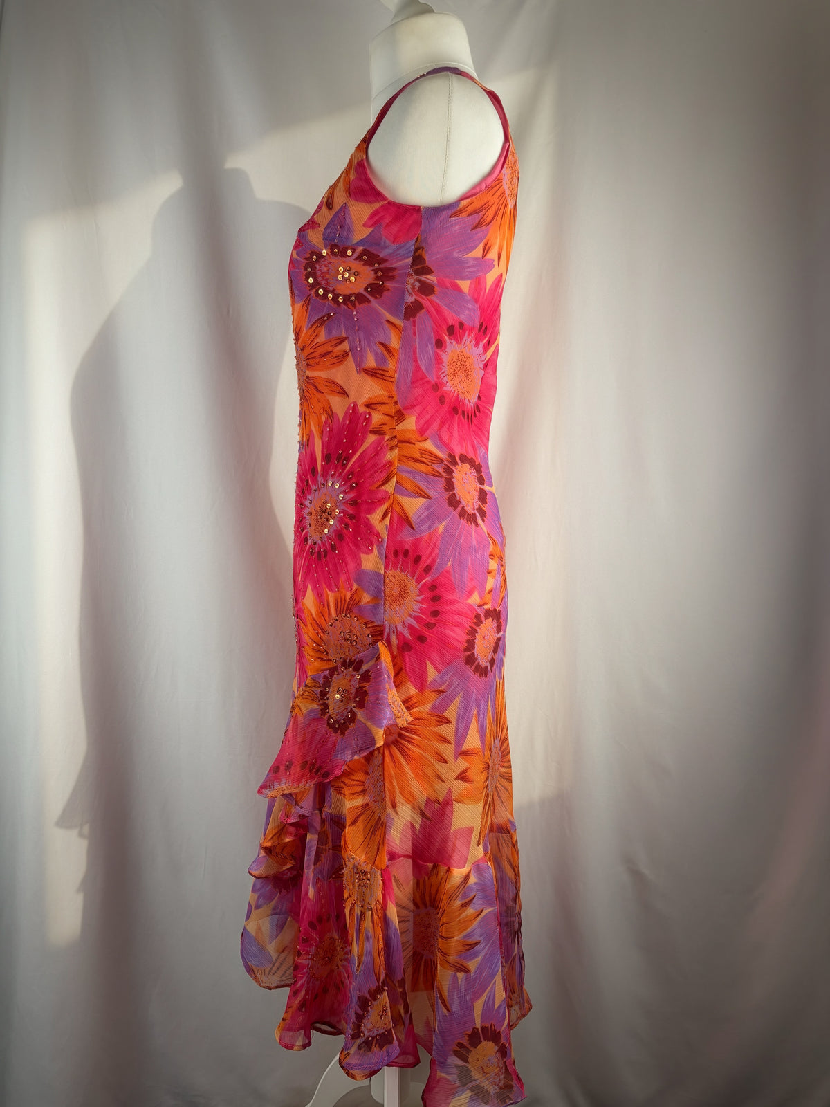 Sunflower ruffle maxi dress embellished throughout with sequins