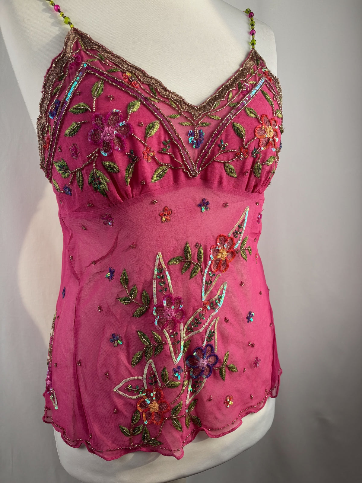 Hot pink sheer embellished aftershock silk cami with beaded straps