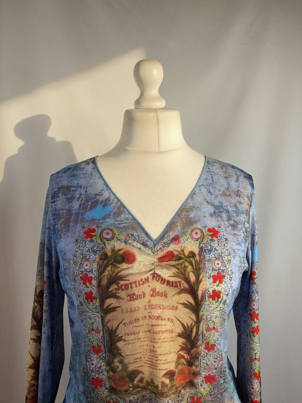 Blue sheer mesh Scotland graphic wide sleeve top