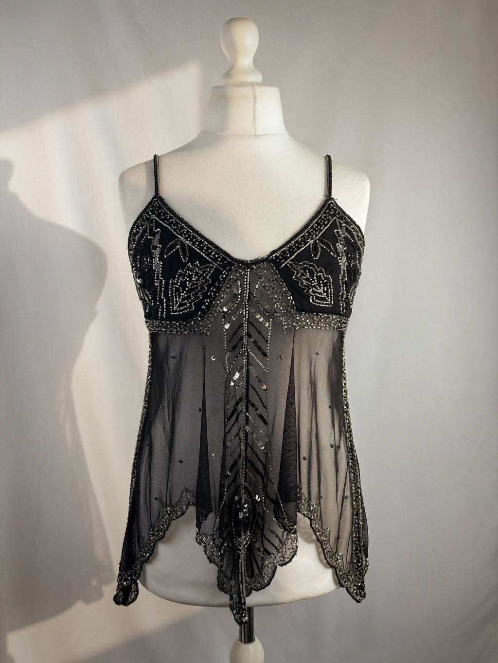 Sheer black beaded asymmetrical fairy cami