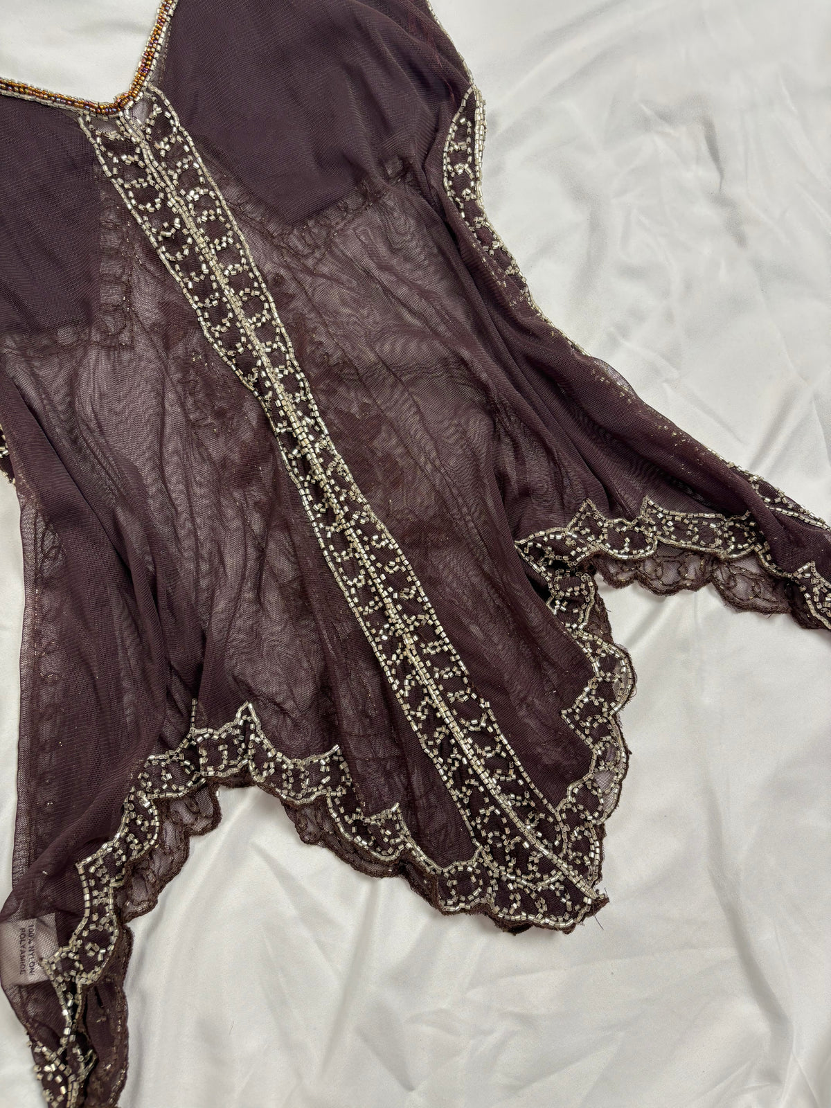 Chocolate brown sheer beaded asymmetric fairy cami