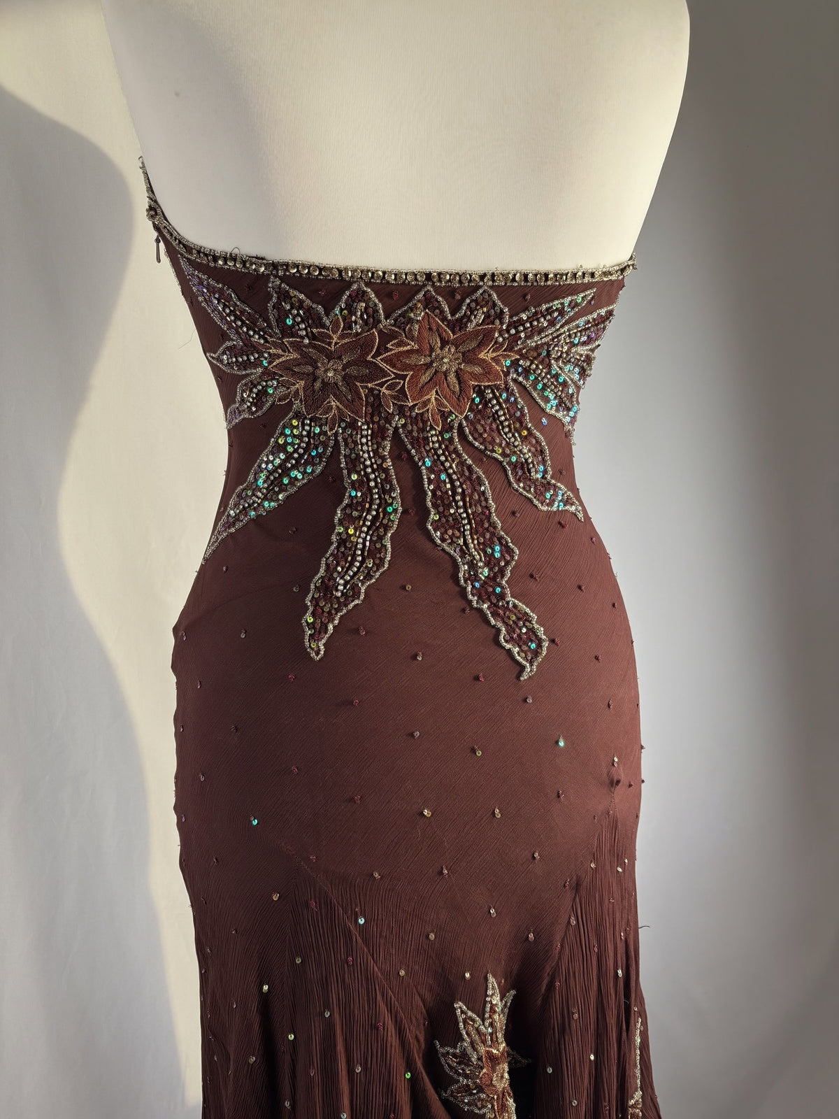 Brown aftershock silk midi dress embellished with sequins