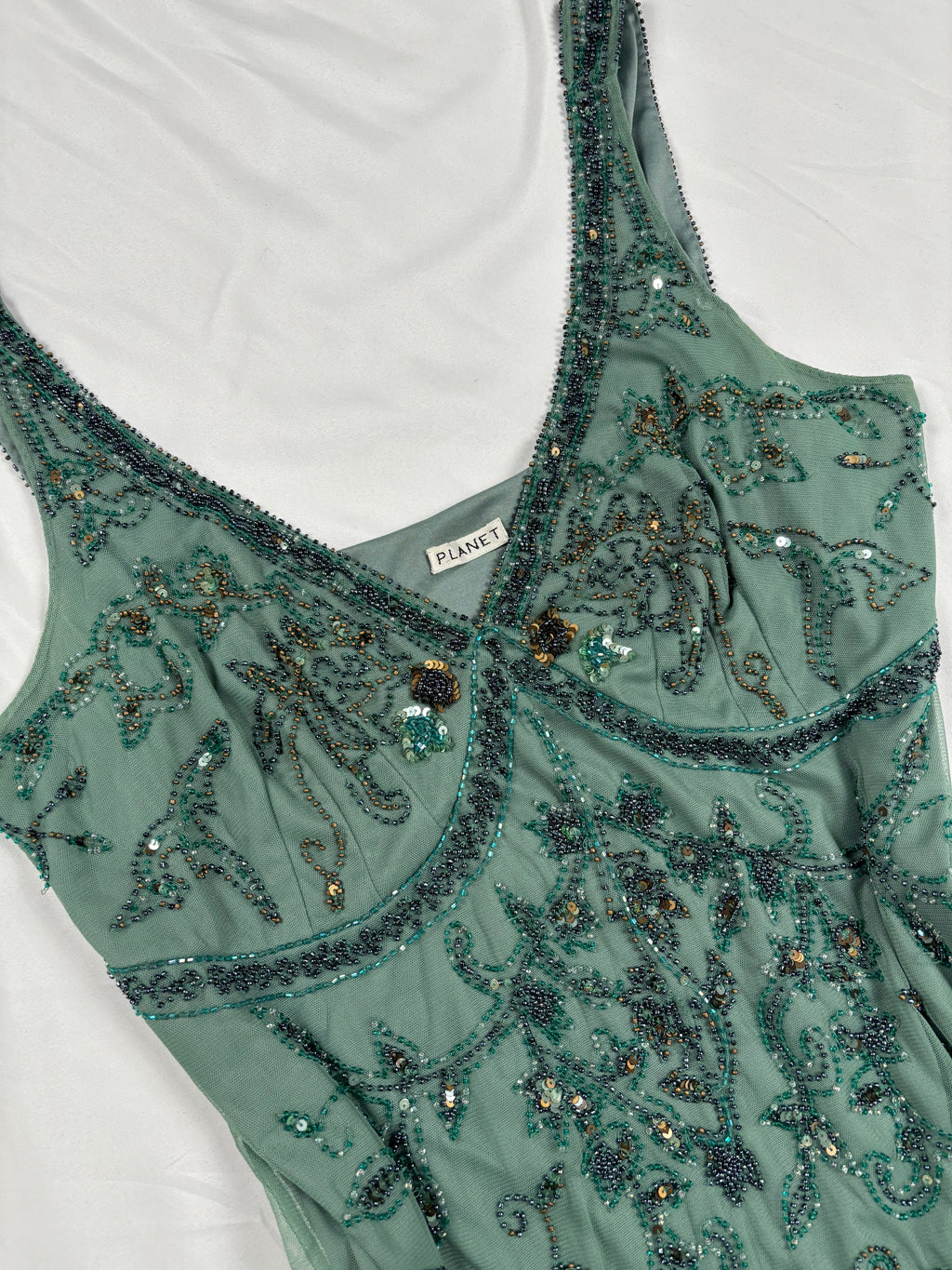Green heavily beaded v neck fairy top