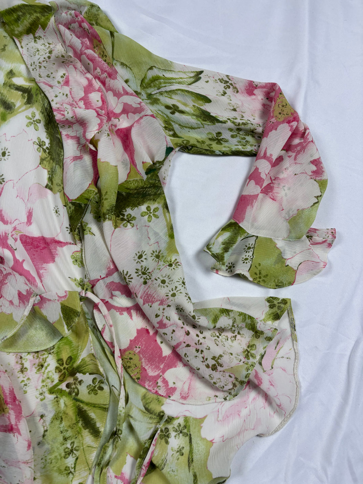Pink and green floral ruffle tie front cardigan