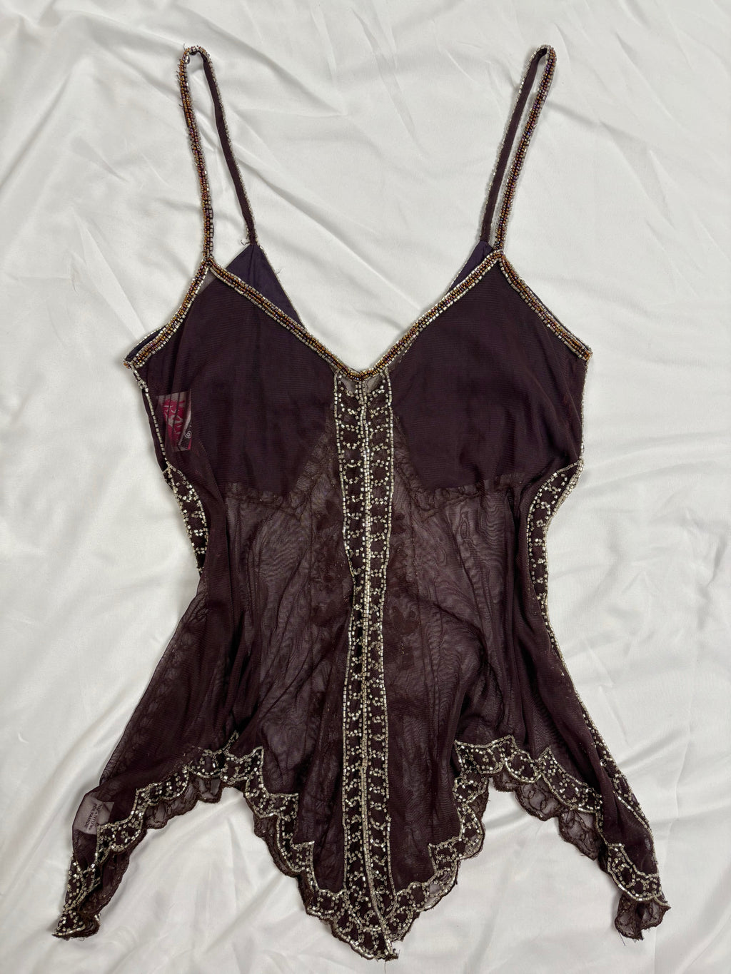 Chocolate brown sheer beaded asymmetric fairy cami
