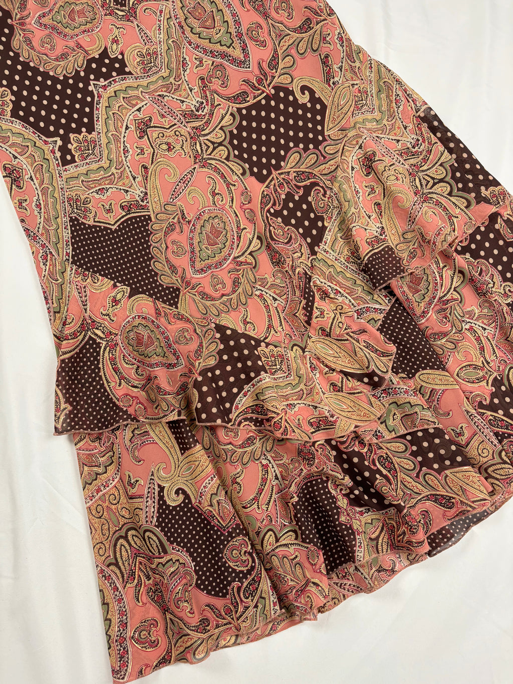 Brown and pink mixed print ruffle maxi skirt