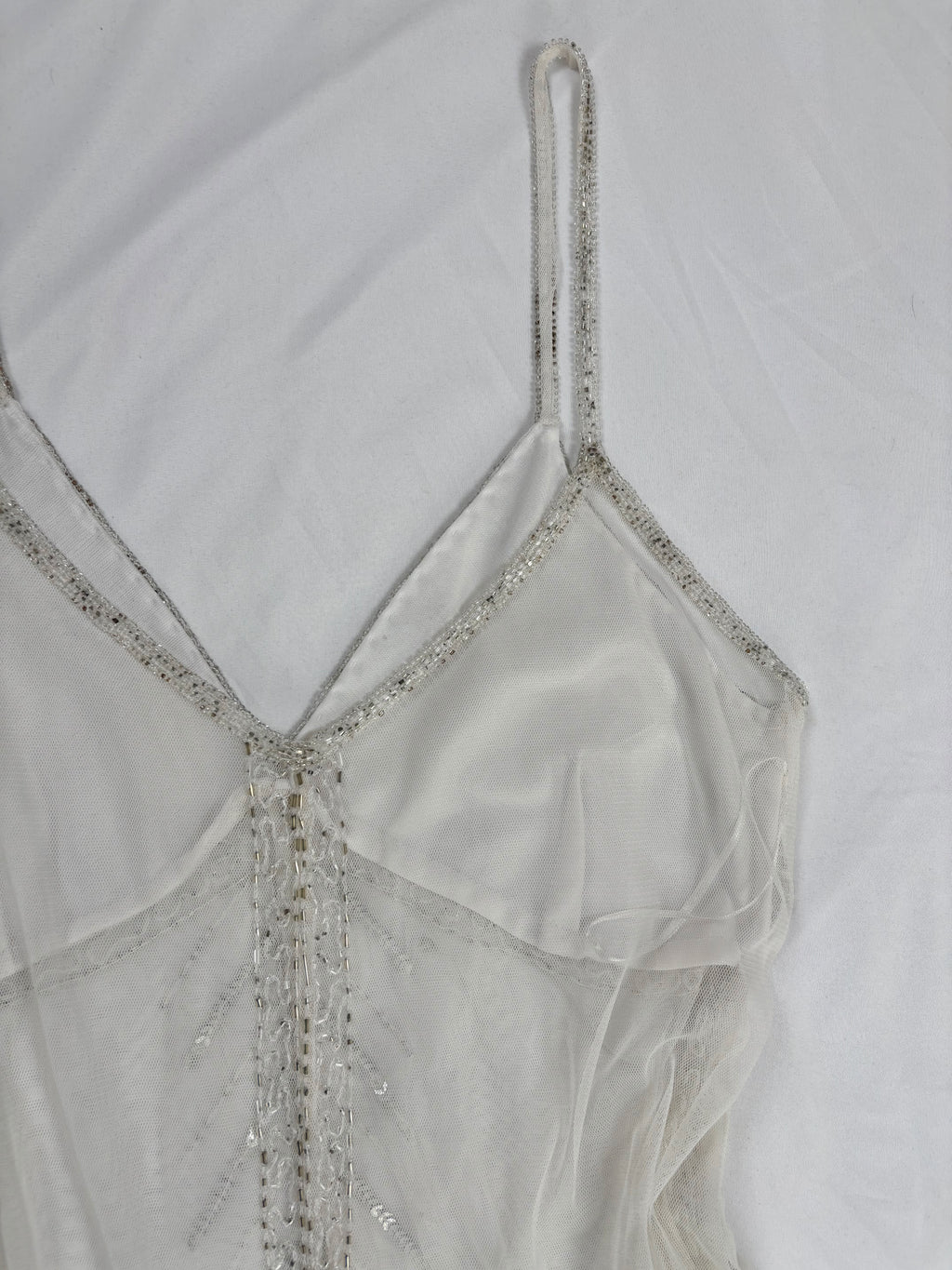 White beaded sheer asymmetrical fairy cami
