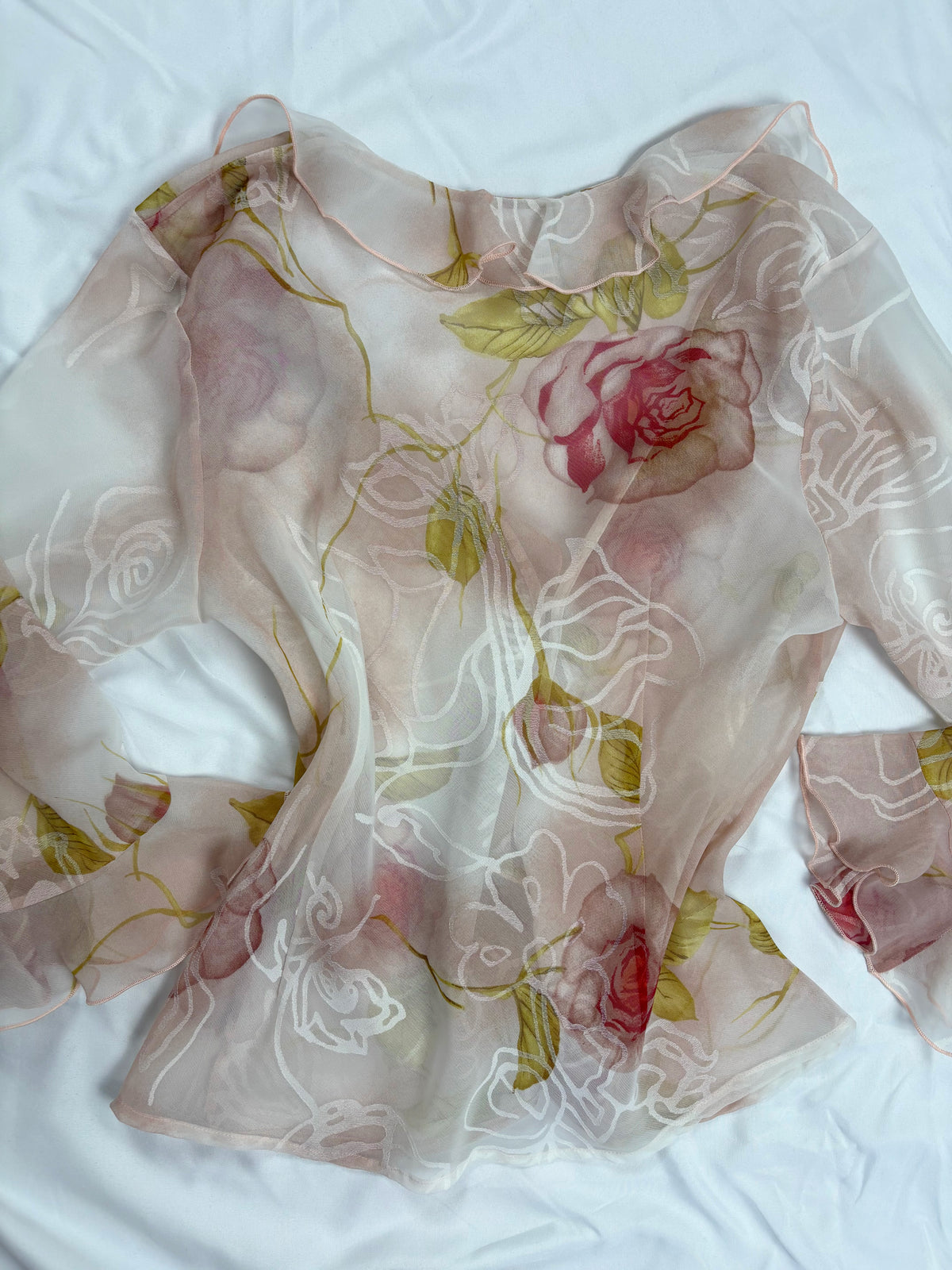 Sheer blush ombré floral button up ruffle cardigan
