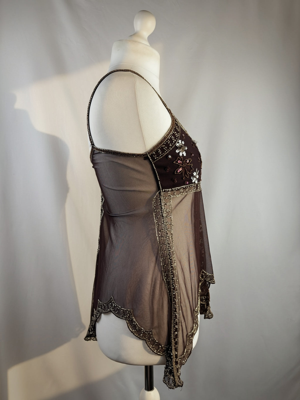 Chocolate brown sheer beaded asymmetric fairy cami